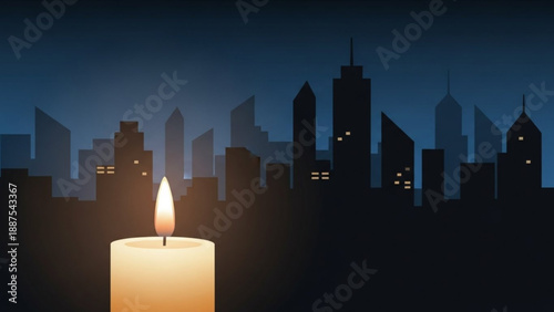 Lit Candle in Front of City Skyline at Night