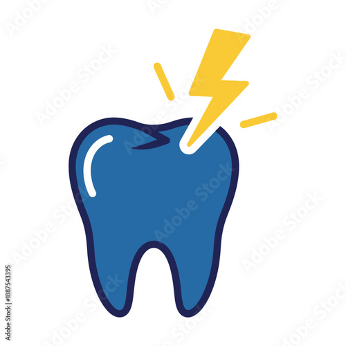 Dynamic vector illustration depicting a blue tooth with a striking yellow lightning bolt, symbolizing acute dental pain, toothache, sensitivity, or a severe oral health issue