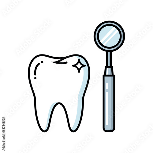 Illustration of a healthy, sparkling tooth with a dental mirror, symbolizing professional oral hygiene, dental care, and the importance of keeping teeth clean for a bright smile