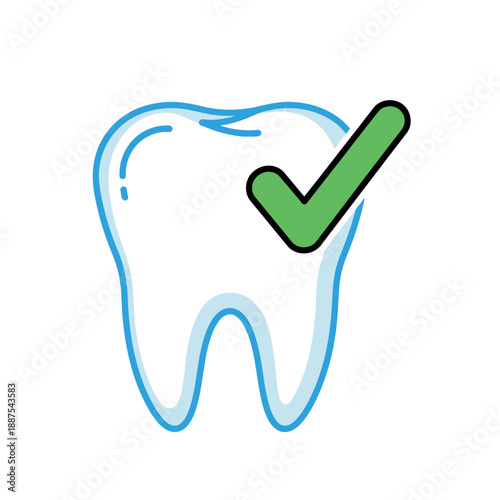 Vibrant vector illustration of a healthy tooth outline with a prominent green checkmark, signifying excellent oral hygiene, successful dental care, and positive dental health for strong teeth