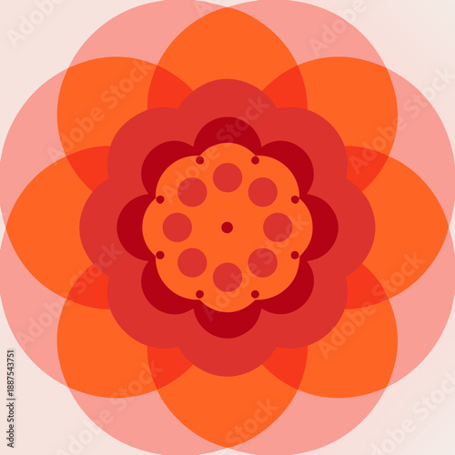 Vibrant floral pattern with layered petals and circular design elements in shades of orange and red