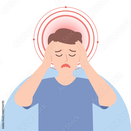 Man Experiencing Severe Headache and Migraine Pain, Flat Vector Illustration