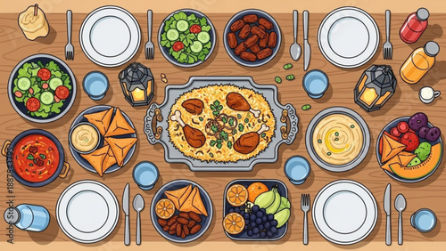 Traditional Thanksgiving Dinner Feast on Wooden Table Top View