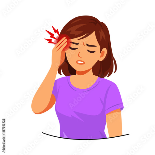 Woman Experiencing Headache and Migraine Pain, Flat Vector Illustration