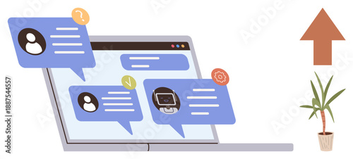 Digital communication, online chat, message notifications, productivity, workflow, virtual interaction. Laptop displaying messaging interface with chat bubbles. Digital communication and online chat