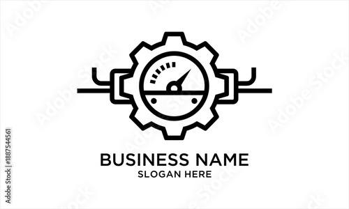 Monoline gear and gauge logo design for industrial and technological businesses.