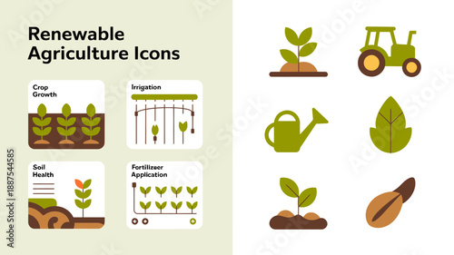 a compilation of renewable agriculture icons displaying elements like crop growth irrigation soil health and fertilization techniques in a visual format high quality professional detailed modern
