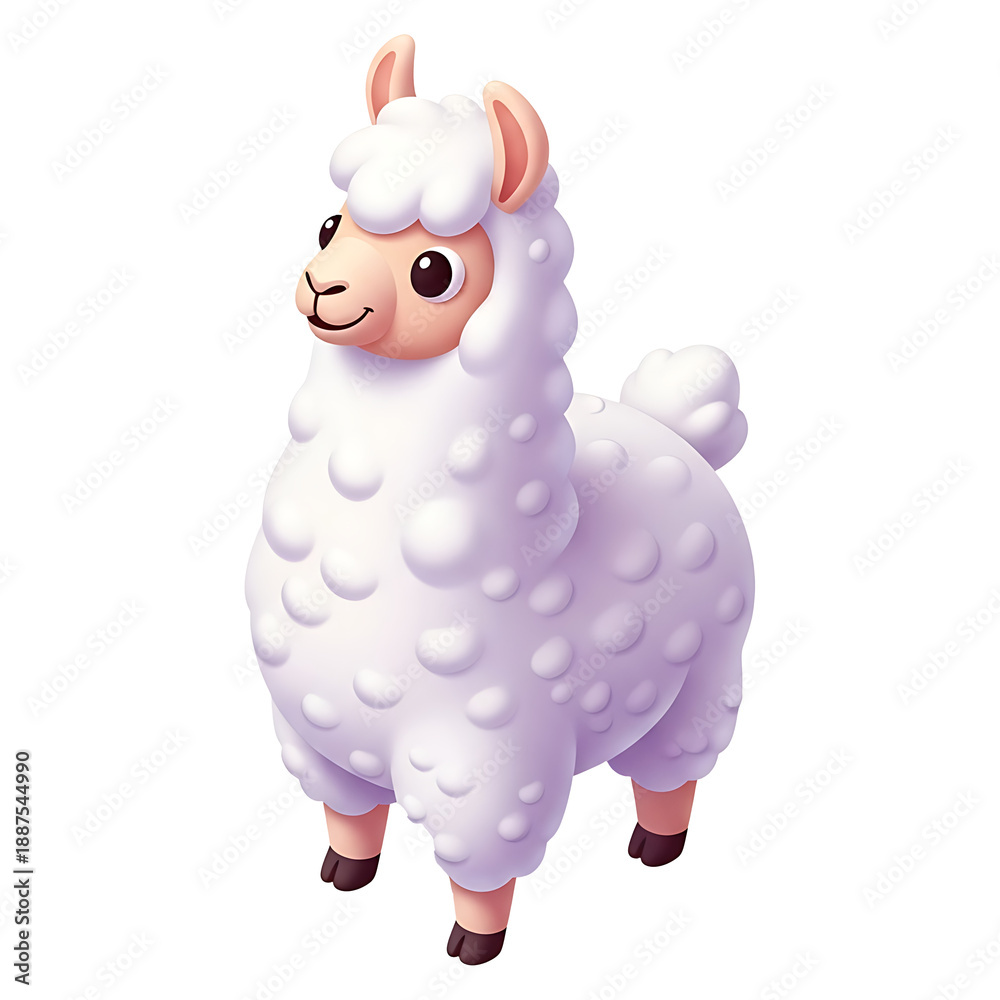 Fototapeta premium Adorable cartoon llama character standing with fluffy texture, pastel purple fur, 3D render isolated on transparent background