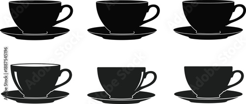 Coffee cup and saucer silhouette set, espresso tea mug icons collection, black drinkware shapes isolated on white background, vector illustration