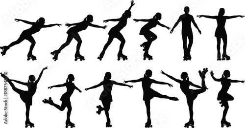 Roller skating silhouettes set with dynamic balance and jump poses, skating sport activity concept, energetic motion, black vector illustration
