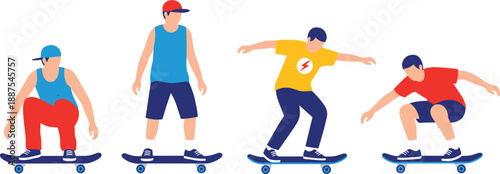 Skateboarder action pose set with diverse characters performing tricks and balance maneuvers for urban extreme sports vector