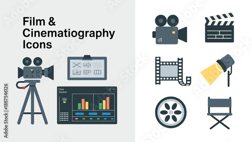 a collection of film and cinematography icons including a camera clapperboard film reel and director s chair are displayed in a simple graphic high quality professional