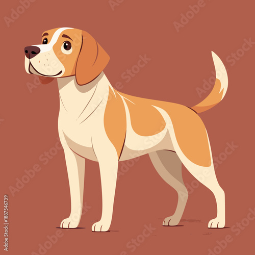 A cartoon dog stands proudly on all fours, facing left with a happy expression on a brown background