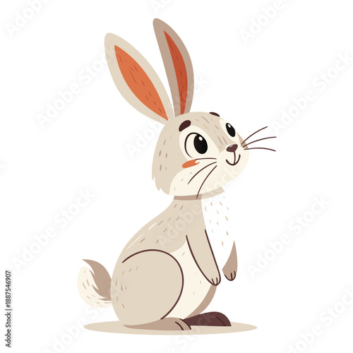 A cartoon rabbit sitting on the ground with a curious expression and large ears