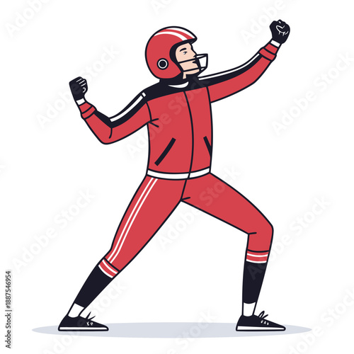 фотографія Triumphant cyclist in red attire celebrates victory with raised arms in dynamic
