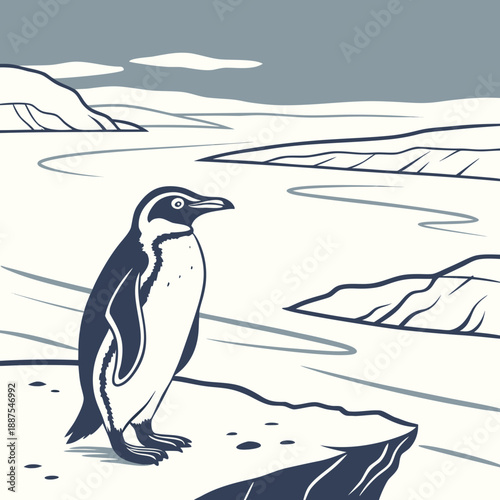 Penguin in an icy landscape
