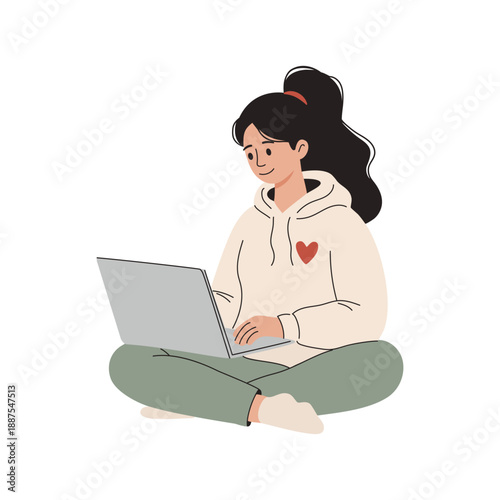 Young woman sitting on the floor with laptop. Freelance, working from home, distance education, shopping online, surfing the internet. Flat vector illustration