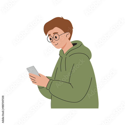 Man with tphone. Men browsing social media, messaging, working, studying and communicating online.Vector illustration