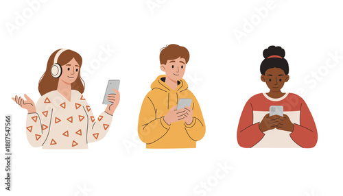Characters with mobile smart phones set. People holding smartphones. Men, women using cell devices, cellphones in hands, reading, surfing online. Flat vector illustrations isolated on white background