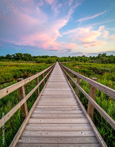 Wallpaper Mural A serene wooden boardwalk through a lush green field at sunset Torontodigital.ca