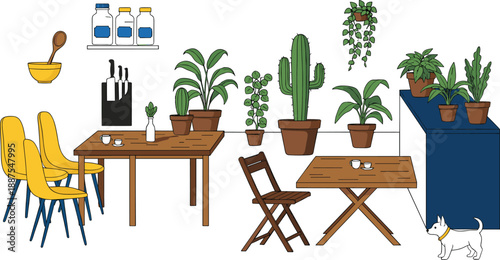Modern Cafe Interior Vector Set with Potted Houseplants Cactus Wooden Tables Yellow Chairs and Cute White Dog for Coffee Shop and Home Decor Designs
