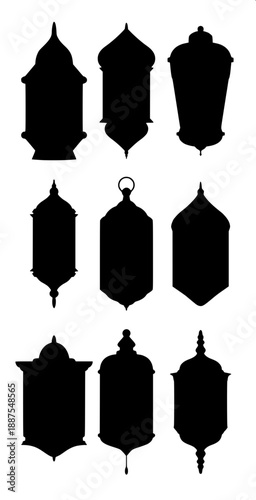 Arabic fanous lantern silhouettes, Ramadan decor, black cutout style, symmetrical ornamental patterns, SVG vector illustration, white background