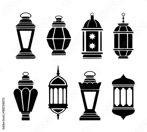 Arabic fanous lantern silhouettes, Ramadan decor, black cutout style, symmetrical ornamental patterns, SVG vector illustration, white background