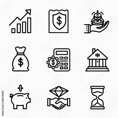 Linear Wealth Management and Financial Planning Icons Vector Set