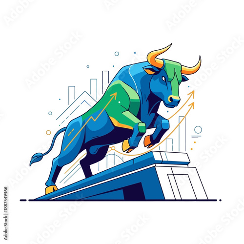 A vibrant bull illustration dominates a stylized graph, symbolizing market growth and upward trends in a dynamic financial scene.