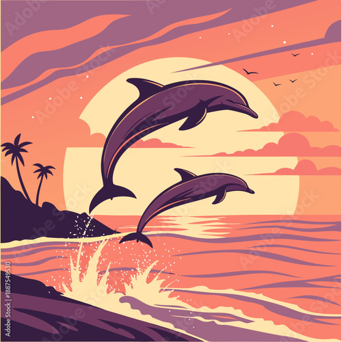 Dolphins leaping at sunset