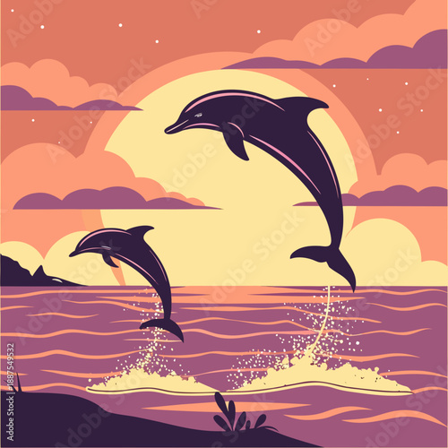Dolphins leaping at sunset