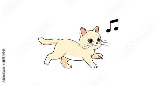 Adorable beige kitten walking cheerfully with a black musical note symbol signifying a happy and melodic atmosphere or feline sounds.