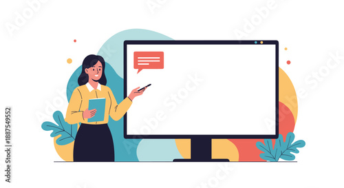 Professional woman delivering a digital presentation using a large computer monitor and a tablet against a colorful abstract backdrop.