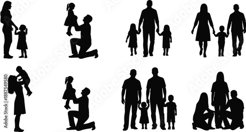 Black silhouettes of families including parents and children interacting and playing together in various poses on a white background
