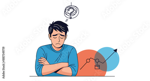 Stressed man sitting with arms crossed looking at confused thoughts and fluctuating stock market graph for business loss.