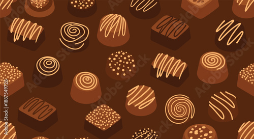 Delicious seamless pattern of various chocolate truffles and bonbons on dark brown background for dessert packaging.