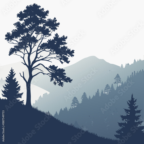 Silhouette of a tree in a mountainous landscape