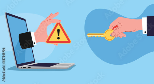 Laptop computer with a hand coming out holding a warning sign while another hand offers a golden key for security.