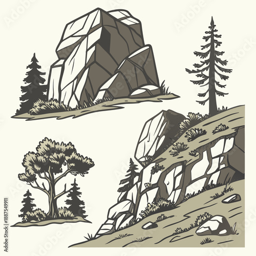 Mountain landscape with rocks and trees