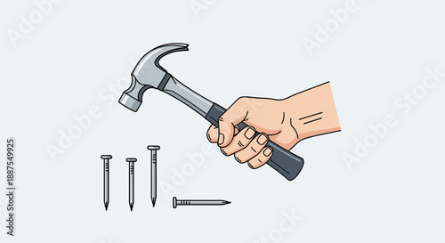 Strong hand holding a metal hammer positioned above four vertical nails ready to drive them into a wooden surface.