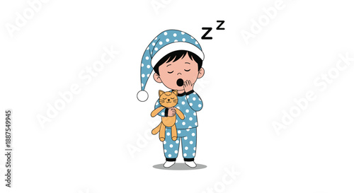 Little boy in blue polka dot pajamas and a nightcap yawning while holding a small orange stuffed cat toy at night.