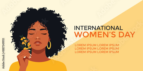 International Women’s Day Illustration of a Beautiful Black Woman with Afro Hair and Flowers