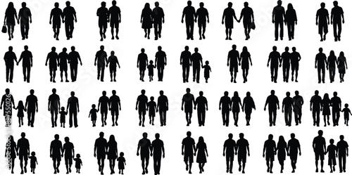 Collection of diverse family and couple silhouettes walking together in various formations and sizes