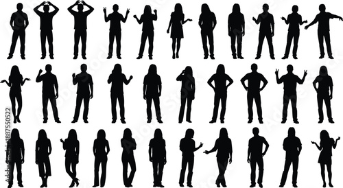 Diverse collection of black human silhouettes in various poses and gestures against a white background showcasing individuality and group dynamics