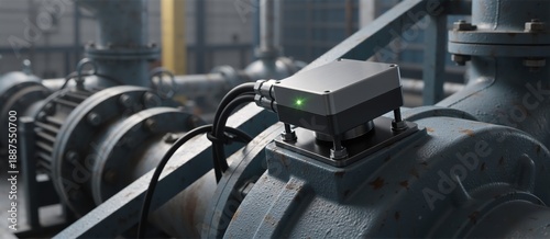 Industrial vibration sensor with a green light on a water pump motor. Smart factory equipment for predictive maintenance and IIoT data analysis