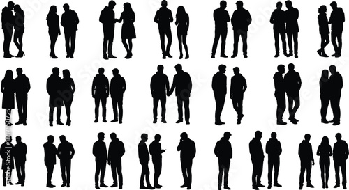 Set of black silhouettes representing diverse people, couples, and friends standing together, talking, and interacting for social community and lifestyle concepts.