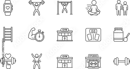 Fitness and gym line icon set with workout, weightlifting, meditation, smartwatch, stopwatch, gym buildings, scale, supplements, dumbbells, strength training, and active lifestyle symbols