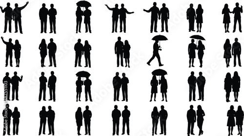 Ensemble of black silhouettes of couples and individuals standing together, some holding umbrellas, in various outdoor poses