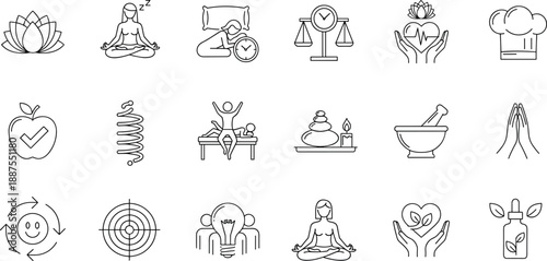 Wellness and mindfulness line icon set with meditation, yoga, sleep, balance scale, healthy food, self care hands, spa stones, relaxation symbols, 