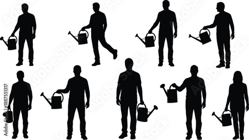 Gardening people silhouettes set isolated on white background, men and women holding watering cans for garden care landscaping hobby outdoor illustration design